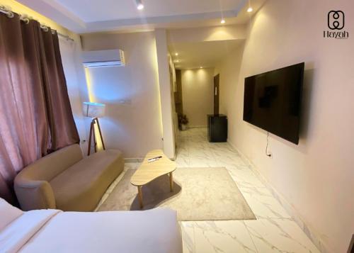a living room with a couch and a tv in a room at Hayah Waterfalls Hotels in Alexandria