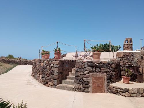 a stone retaining wall with potted plants on it at Dammuso le Vigne in Pantelleria