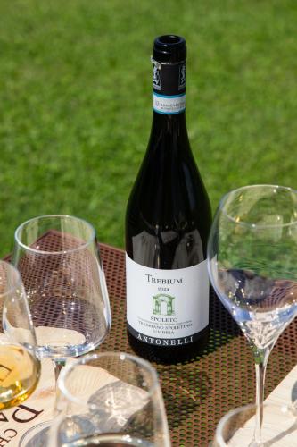 a bottle of wine sitting on a table with wine glasses at Retrocantina Antonelli in Montefalco