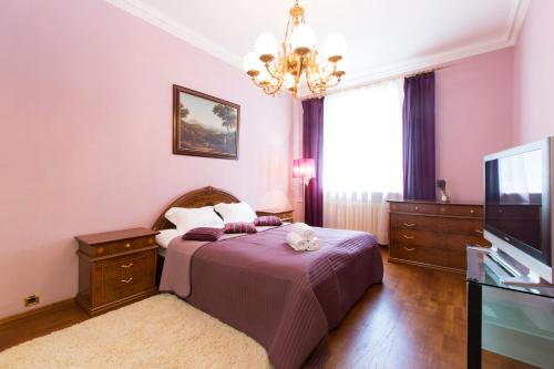 モスクワにあるApartment Presnenskayaのベッドルーム(紫色のベッド1台、テレビ付)