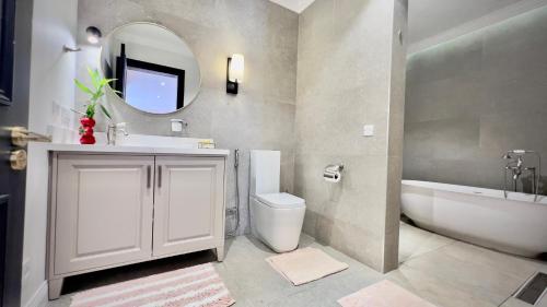 a bathroom with a sink toilet and a mirror at VILLA SCALINA Seaside Hideaway - 7 Bedroom - Pool - Gym - Walk to beach in Calodyne