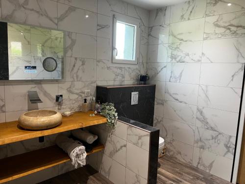 a bathroom with a sink and a mirror at Chambre chez l habitant Cissac-Medoc in Cissac-Médoc