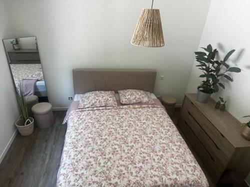 a bedroom with a bed and a potted plant at Chambre chez l habitant Cissac-Medoc in Cissac-Médoc