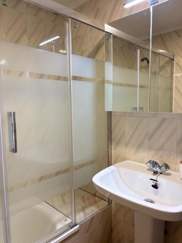 a bathroom with a glass shower and a sink at Cardenal Centro in Monforte de Lemos
