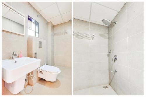 two pictures of a bathroom with a sink and a toilet at Super Townhouse Visakhapatnam in Visakhapatnam