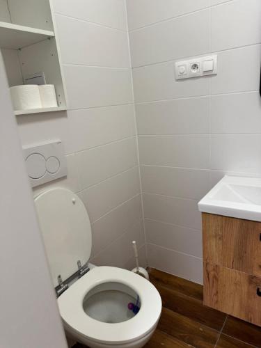 a small bathroom with a toilet and a sink at Priestranny 3-izbovy apartman in Brenner
