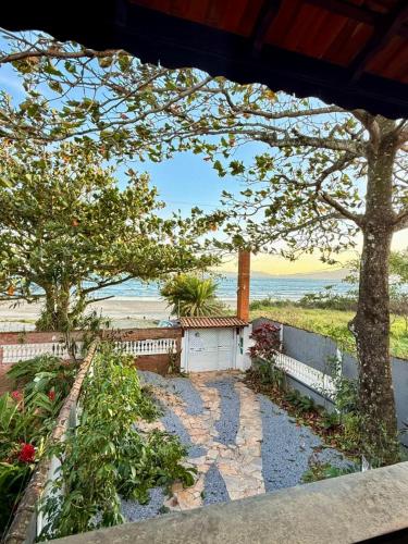 a view of a garden with a tree and a building at Casa frente ao mar/pé na areia no Indaiá até 18 pessoas in Bertioga