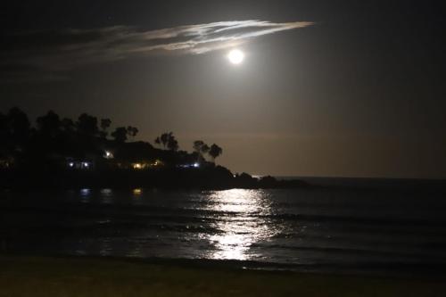 a full moon rising over the ocean at night at Villetta Il Faro sul Mare in Àrbatax