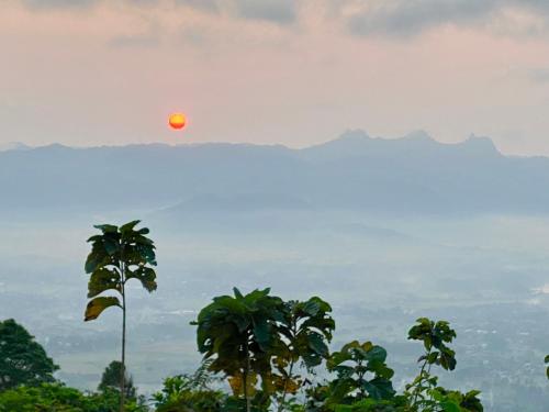 an orange ball in the sky over the trees at Enjoy Sunrise Pacitan Camping Ground in Tamperan