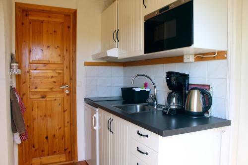 eine Küche mit einer Spüle und einer Mikrowelle in der Unterkunft Lillstugan in Älvkarleby