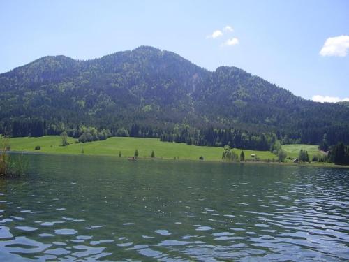 a large body of water with a mountain in the background at Haus Garz in Weissensee