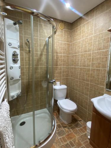 a bathroom with a shower and a toilet and a sink at Quinta do Azibo in Podence