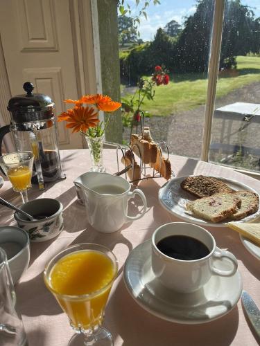 a table with cups and plates of coffee and toast at Templemacateer B&B in Westmeath