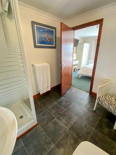 a bathroom with a shower and a sink and a mirror at Flambards Hotel in Cardigan