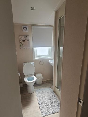 a bathroom with a toilet and a sink and a window at Caravan to Hire - CalaGran Fleetwood Blackpool in Fleetwood