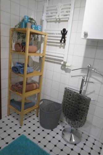 a bathroom with a shelf with towels and a sink at Ferienwohnung mit Terrasse in Schellhorn in Schellhorn