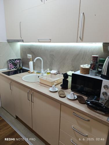 a kitchen counter with a sink and a microwave at President Kop Apartman 106 in Kopaonik