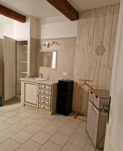 une cuisine avec un évier et un plan de travail dans l'établissement Grand mas provençal 4 chambres, dortoir 7 pers, idéal familles groupes, fraîcheur d'été, à Montfaucon