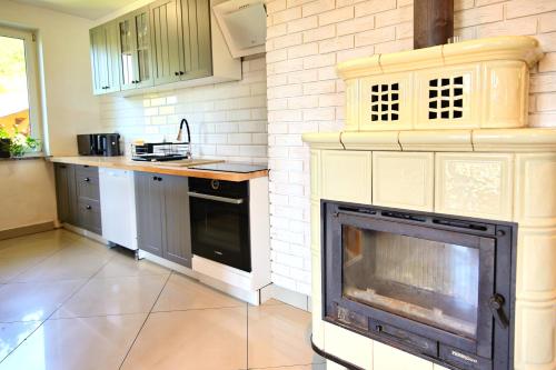 a kitchen with a stove and a fireplace at Solna Chata-dom na wyłączność Grota solna, balia, sauna, basen in Rajcza