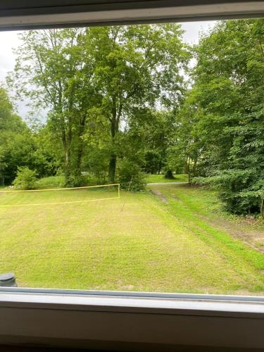 a window with a view of a field of grass at Domki pod Wolinem in Wolin