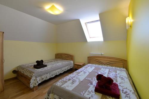 a bedroom with two beds and a window at Sodyba Pas Drambliuka in Svėdasai