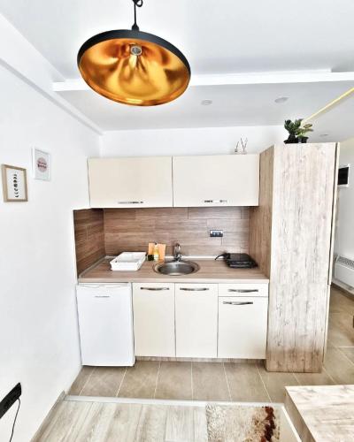 a kitchen with white cabinets and a sink at Milmari S70 Kopaonik in Kopaonik