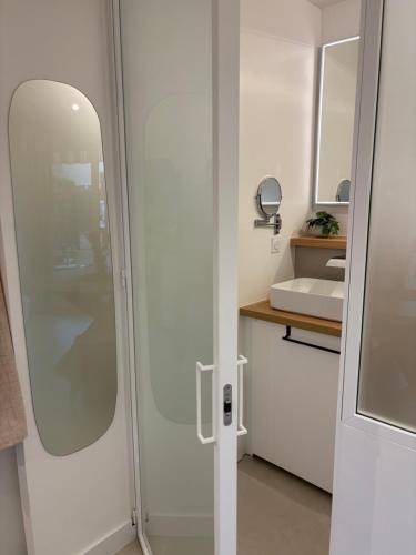 a bathroom with a shower and a sink at Le Jardin, studio paisible entre océan et nature in Capbreton