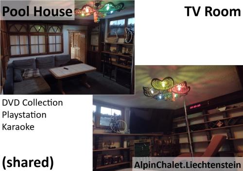 a collage of a living room and a tv room at Alpine Chalet L iechtenstein in Eschen