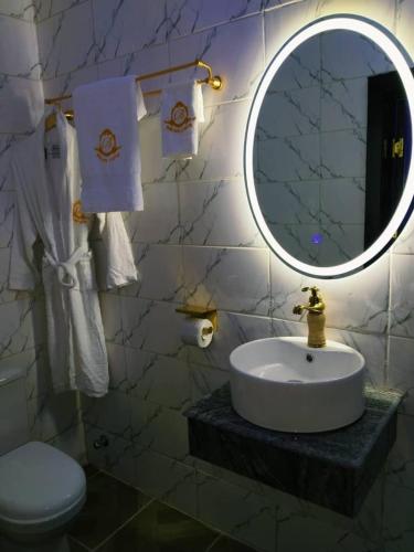 a bathroom with a sink and a mirror and a toilet at Basil Hotel and Suites in Otu