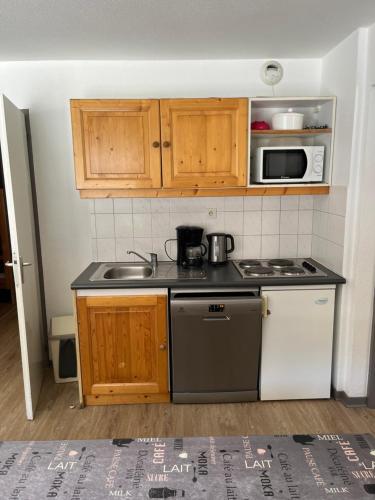 a kitchen with a sink and a stove top oven at Le grand argentier - valfrejus in Modane