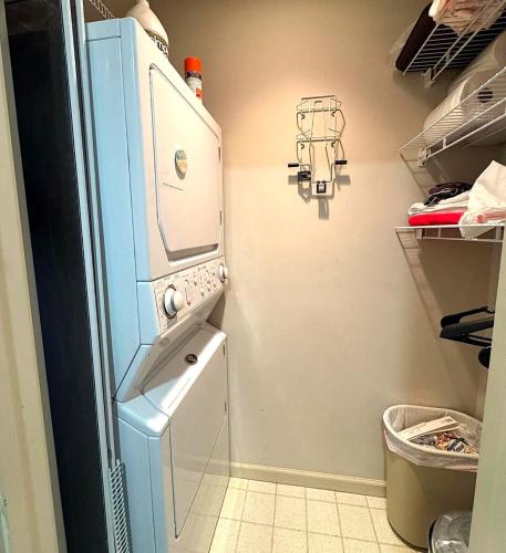 a small laundry room with a washer and dryer at Luxury Jiminy Ski On Off Village Ctr Condo Sleeps4 in Hancock