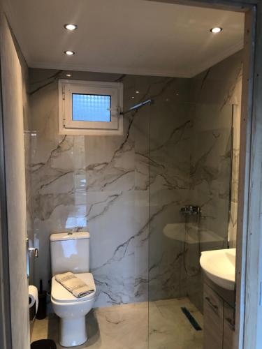 a bathroom with a toilet and a shower and a sink at Villa MaryElen Marathias beach in Corfu Town