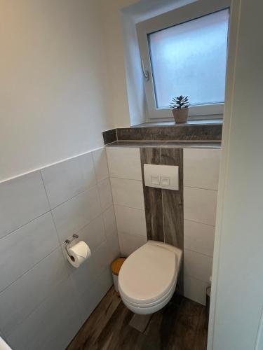 a small bathroom with a toilet and a window at Ferienwohnung Bentheimer Wald in Bad Bentheim