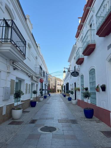 an alley with white buildings and potted plants on the sides at Casa Álamo en Chipiona in Chipiona