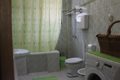 a bathroom with a sink toilet and a shower curtain at Boulevard Garden House - Free and save parking in the locked yard in Ćuprija