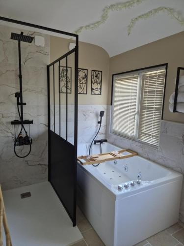 a large bathroom with a tub and a shower at Loveroom Eclat d emoi in Condé-sur-Noireau
