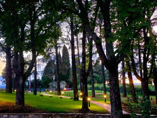 a park with trees and lights in the grass at The Monteleone Umbria Retreat in Monteleone dʼOrvieto