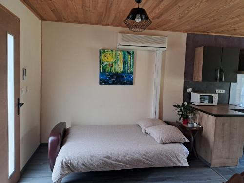 a bedroom with a bed and a kitchen at Gîte des giblins - Saint Amand en Puisaye in Saint-Amand-en-Puisaye