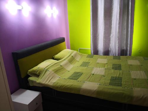 a bedroom with a bed with purple and green walls at Apartmani Pelivan in Soko Banja
