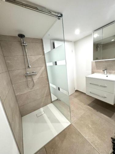 a bathroom with a shower and a sink at Haus Friedewald in Friedewald