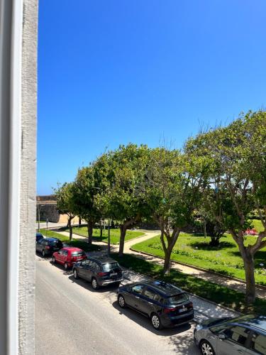 a row of cars parked on a street with trees at Peniche Hostel in Peniche