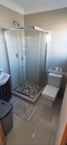 a bathroom with a shower with a toilet and a sink at Murray Guest Suite in Goodwood