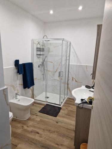 a bathroom with a shower and a toilet and a sink at ITALO b&b in Raiano