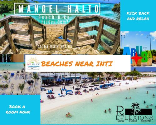 a collage of photos of a beach with people in the water at Inti Relax Garden Suite in Oranjestad