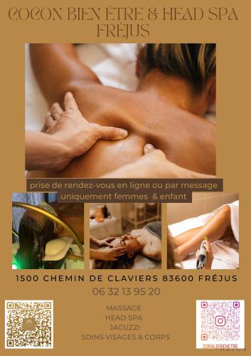 a flyer for a spa with a woman getting a massage at Bulle insolite avec jacuzzi privé - Nature & romantisme a Fréjus in Fréjus