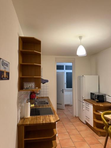 a kitchen with a counter and a refrigerator at Chill and Tranquil in St Johann near Novartis Campus in Basel