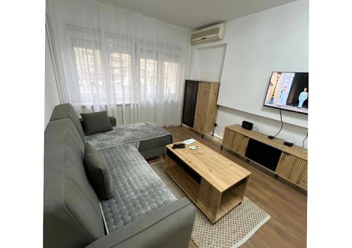 a living room with a couch and a coffee table at Apartments Sat in Belgrade