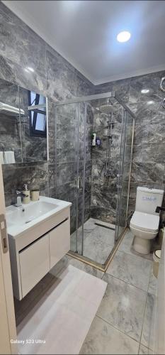 a bathroom with a shower and a sink and a toilet at Sunprime Premium Site in Pyla