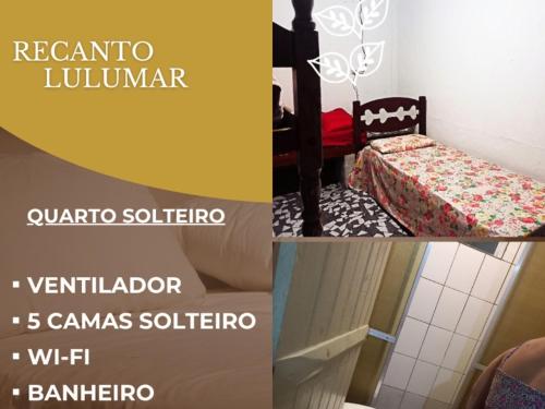 a collage of three pictures of a room with a bed at Sobreposta beira praia Lulumar in Itanhaém