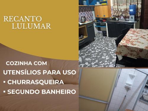 a collage of two pictures of a kitchen and a room at Sobreposta beira praia Lulumar in Itanhaém